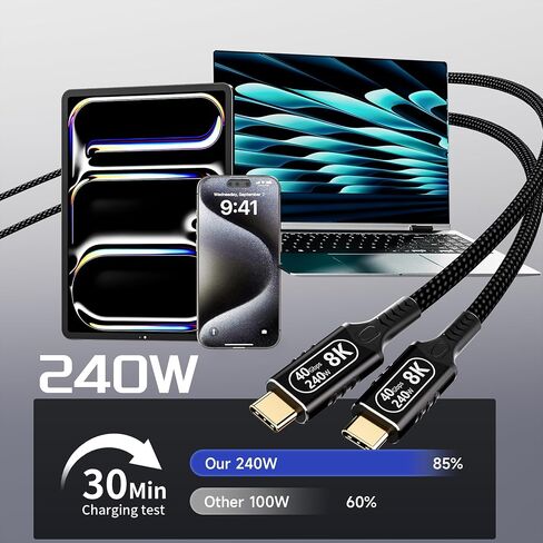 long usb c to usb c cable 10ft/3 M Compatible With Thunderbolt 4/3,usb4 cable 40gbps data,type c 240W fast charging,8K/4K HD Video for Monitor,usbc male to male apply to Laptop,Hub,Tablet,Smartphone. in Saudi Arabia