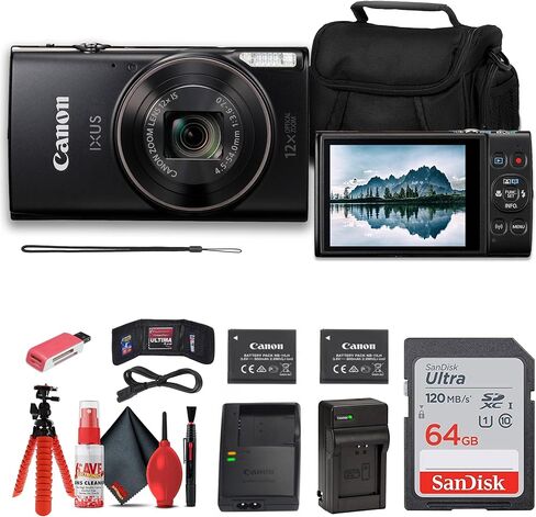 Canon PowerShot IXUS 285 HS 12X Optical Zoom Digital Camera (Silver) (1079C001) + NB11L Battery + 64GB Memory Card + Case + Charger + Card Reader + Flex Tripod + Cleaning Kit + Memory Wallet (Renewed) in Kuwait