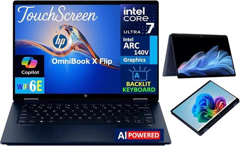 HP OmniBook X Flip 2-in-1 AI PC 2-in-1 Laptop 14.0" Touchscreen IPS WUXGA Display (Intel Ultra 7-256V, 16GB LPDDR5X, 4TB PCIe SSD, Backlit KB, Thunderbolt 4, Win 11 Home) w/DKZ USB Port Expander in Saudi Arabia