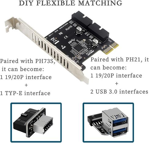 PH62 Desktop PCIE X1 to USB3.0 Expansion Card Support for PCI-E Chassis Front Panel Dual 19/20PIN Interface Expansion Support X4 X8 X16 (with Full-Height Baffle) in Saudi Arabia