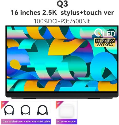 شاشة اللمس Q3 مع القلم ، 16 "16:10 ، 2.5K IPS ، 400 NIT سطوع ، شاشة دقة 2560 × 1600 ، شاشة مراقبة محمولة ، للألعاب ، المكتب ، والفن الرقمي. in Kuwait