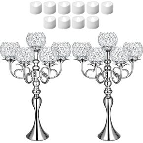 Domensi 2 Pcs 5 Arm Gold Crystal Candle Holders 21.5'' Tall with 12 Pcs LED Tea Light Candles Candelabra Centerpieces Decorative Table Candelabra Stand for Wedding Dinner Party Formal Event Home Decor in Kuwait