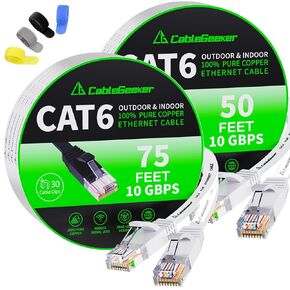 CableGeeker Cat6 Flat 75ft White & Flat 50ft White Ethernet Cable