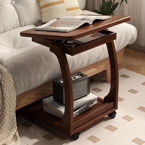 C Shaped Couch Table, Side Table with 360° Rotating Wheels, 45° Adjustable Tiltable End Table for Sofa Laptop (Walnut, 15.7 * 15.7 * 24.8in)