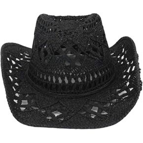 Cowboy Hats for Women Summer Outdoor Western Cowboy Hats Hand Woven Straw Hat Breathable Beach Cap Jazz Sunhat for Men Women Black