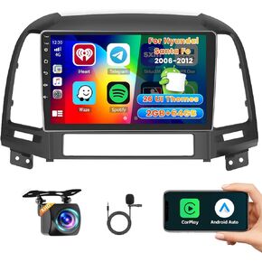 Car Radio for Hyundai Santa Fe 2006 2007 2008 2009 2010 2011 2012, Android 13 Car Stereo Wireless Carplay, 9 inch Touch Screen for Santa Fe Carplay Android Auto Bluetooth GPS 2G RAM 64G ROM