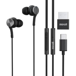 Maxell USB-C Wired Earbuds with USB-A Adapter, Built-in Microphone with Volume and Track Control, Compatible with All Devices with a USB-C and/or USB-A Port, Immersive Digital Chipset, White, 197293