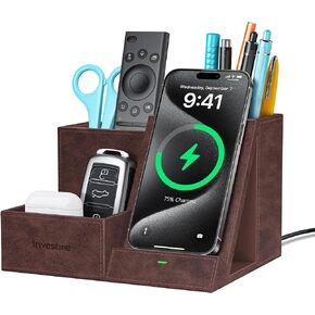 Wireless Charger with Desk Organizer, Pen Pencil Holder, Multifunctional Desktop Organizer, Office Supplies and Desk Accessories Organizer with 3 Compartments and 1 Phone Stand, PU Black