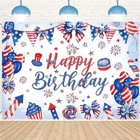Happy 4th of July Birthday Backdrop 8x6FT Red White and Blue Independence Day Birthday Photography Background Bow Balloon Firework Patriotic National Day Party Decorations Banner