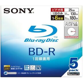 Sony Blu-ray Disc 5 Pack - 25GB 6X BD-R - White Inkjet Printable [Japanese Import]