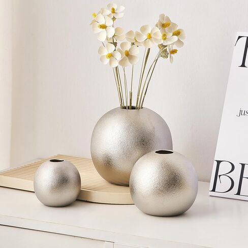 Gold Vase Ceramic Vase Set of 3, Modern Vases for Decor, Gold Vases Home Decor, Round Decorative Vase for Table Centerpiece Wedding Dining Office Gold Living Room Decor in Kuwait