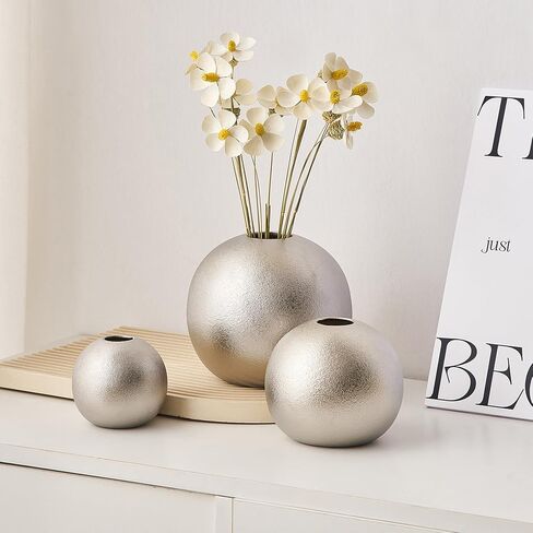 Gold Vase Ceramic Vase Set of 3, Modern Vases for Decor, Gold Vases Home Decor, Round Decorative Vase for Table Centerpiece Wedding Dining Office Gold Living Room Decor in Kuwait