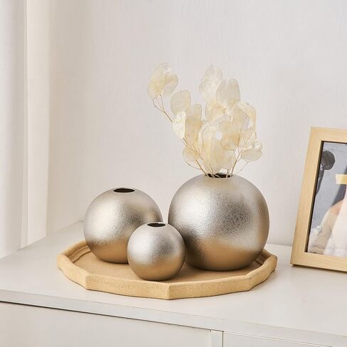 Gold Vase Ceramic Vase Set of 3, Modern Vases for Decor, Gold Vases Home Decor, Round Decorative Vase for Table Centerpiece Wedding Dining Office Gold Living Room Decor in Kuwait