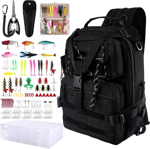 Hikary 136PCS Tackle Box Backpack,Fishing Backpack with Accessories,Fishing Tool Kit Fish Pliers Salt Water Fishing Tackle Set for Men Women Gifts (Black) in Kuwait