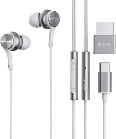 MAXELL USB-C السلكية السلكية مع محول USB-A ، ميكروفون مدمج مع وحدة تحكم في الصوت والتحكم في المسار ، متوافقة مع جميع الأجهزة مع منفذ USB-C و/أو USB-A ، شرائح رقمية غامرة ، وايت ، 197293 in Saudi Arabia