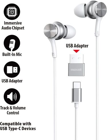 MAXELL USB-C السلكية السلكية مع محول USB-A ، ميكروفون مدمج مع وحدة تحكم في الصوت والتحكم في المسار ، متوافقة مع جميع الأجهزة مع منفذ USB-C و/أو USB-A ، شرائح رقمية غامرة ، وايت ، 197293 in Saudi Arabia