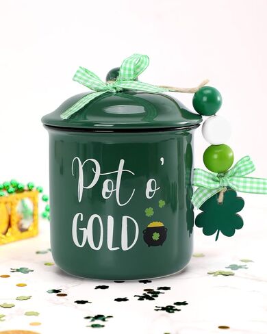 St. Patrick's Day Tiered Tray Decor Lucky Ceramic Canister Saint Patty's Day Bowl Candy Holder with Buffalo Plaid Bowknot Shamrock Wood Beads Farmhouse Home Table Centerpiece Decoration Supplies in Saudi Arabia