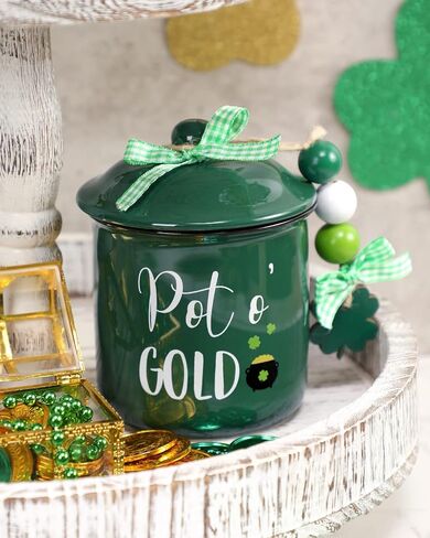 St. Patrick's Day Tiered Tray Decor Lucky Ceramic Canister Saint Patty's Day Bowl Candy Holder with Buffalo Plaid Bowknot Shamrock Wood Beads Farmhouse Home Table Centerpiece Decoration Supplies in Saudi Arabia