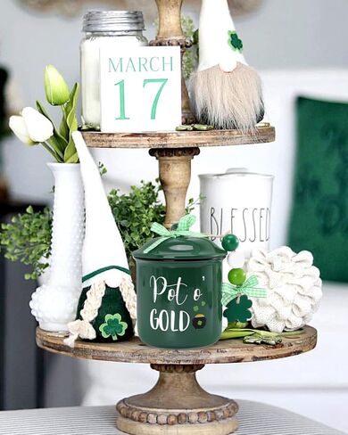 St. Patrick's Day Tiered Tray Decor Lucky Ceramic Canister Saint Patty's Day Bowl Candy Holder with Buffalo Plaid Bowknot Shamrock Wood Beads Farmhouse Home Table Centerpiece Decoration Supplies in Saudi Arabia