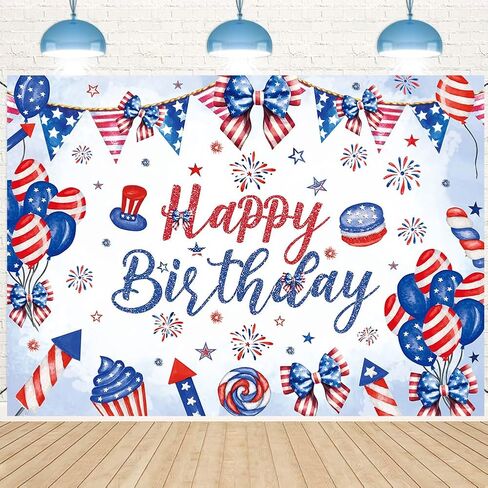 Happy 4th of July Birthday Backdrop 8x6FT Red White and Blue Independence Day Birthday Photography Background Bow Balloon Firework Patriotic National Day Party Decorations Banner in Saudi Arabia