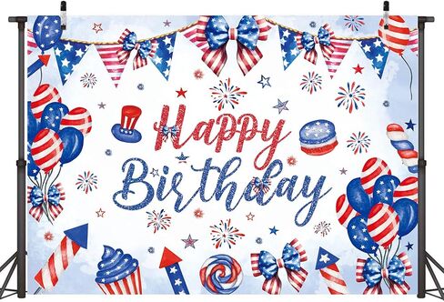 Happy 4th of July Birthday Backdrop 8x6FT Red White and Blue Independence Day Birthday Photography Background Bow Balloon Firework Patriotic National Day Party Decorations Banner in Saudi Arabia