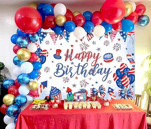 Happy 4th of July Birthday Backdrop 8x6FT Red White and Blue Independence Day Birthday Photography Background Bow Balloon Firework Patriotic National Day Party Decorations Banner in Saudi Arabia