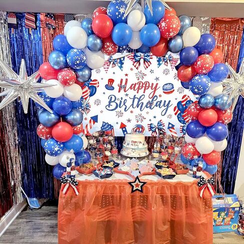 Happy 4th of July Birthday Backdrop 8x6FT Red White and Blue Independence Day Birthday Photography Background Bow Balloon Firework Patriotic National Day Party Decorations Banner in Saudi Arabia