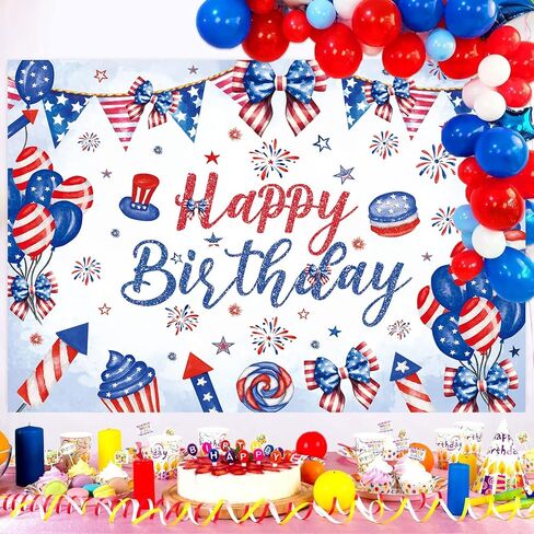 Happy 4th of July Birthday Backdrop 8x6FT Red White and Blue Independence Day Birthday Photography Background Bow Balloon Firework Patriotic National Day Party Decorations Banner in Saudi Arabia