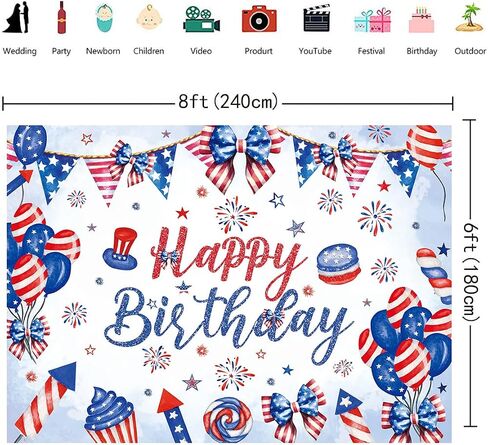 Happy 4th of July Birthday Backdrop 8x6FT Red White and Blue Independence Day Birthday Photography Background Bow Balloon Firework Patriotic National Day Party Decorations Banner in Saudi Arabia