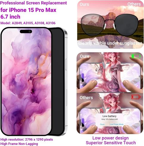 for iPhone 15 Pro Max Screen Replacement, 6.7''LCD COF Display and Touch Digitizer Full Assembly with Repair Tool Kits, Screen Protector (Model A2849, A3105, A3106, A3108) in Saudi Arabia