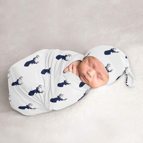 Sweet Jojo Designs Woodland Animal Toile Baby Boy or Girl Cocoon and Beanie Hat 2pc Set Jersey Stretch Knit Sleeping Bag for Infant Newborn Nursery Sleep Wrap Sack - Grey Green Forest Bear Deer Fox in Saudi Arabia