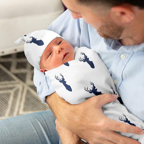 Sweet Jojo Designs Woodland Animal Toile Baby Boy or Girl Cocoon and Beanie Hat 2pc Set Jersey Stretch Knit Sleeping Bag for Infant Newborn Nursery Sleep Wrap Sack - Grey Green Forest Bear Deer Fox in Saudi Arabia