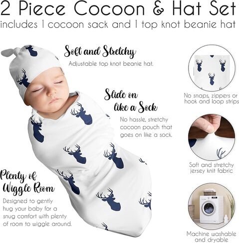 Sweet Jojo Designs Woodland Animal Toile Baby Boy or Girl Cocoon and Beanie Hat 2pc Set Jersey Stretch Knit Sleeping Bag for Infant Newborn Nursery Sleep Wrap Sack - Grey Green Forest Bear Deer Fox in Saudi Arabia