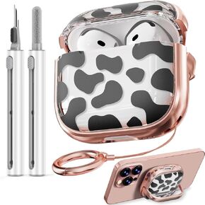with Safety Lock for AirPods 4 Case 2024,Clear TPU for AirPods 4th Generation Case,Air Pod 4 Cases for Women Girly, AirPod 4 with Active Noise Cancellation with Cleaner Kit - Cow Print
