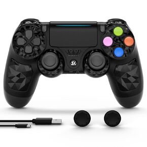 ISHAKO Controller for PS4, Wireless Controller for PS4/Pro/Slim/PC/Android/iPhone, 6-Axis Motion Sensor, Dual Vibration, 3.5mm Audio Jack- White Blue