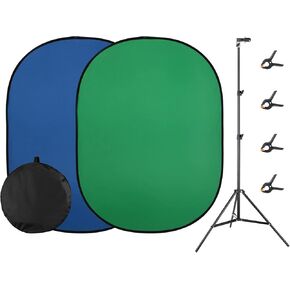 Soonpho 5x7ft/1.5x2m Collapsible Chromakey Backdrop, 2-in-1 Double-Sided Green and Blue Screen Panel Backdrop with 6.5ft/2m Light Stand, Reflector Clip and Clamps for Photo Studio Video Shooting