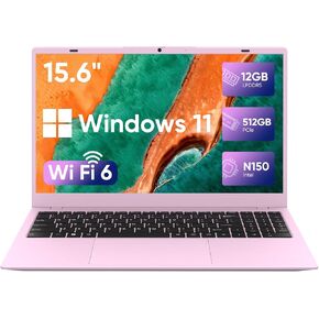 Pink Laptop with Office Pro Plus 2024, N150 Processor, Up to 3.6 GHz, 12GB RAM 512B SSD, 15.6 Inch FHD IPS Display Laptop Computer, 11 Pro, WiFi 6, BT 5.2, Webcam, USB-C, Long Lasting Battery
