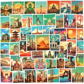 World Travel Stickers - 50 Pcs Waterproof Vinyl City Landmark Stickers for Luggage, Water Bottle, Laptop, Phone Case, Cup, Guitar - Buildings Aesthetic for Kids, Teens & Adults