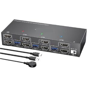 KVM Switch 2 Monitors 3 Computers Dual Monitor KVM Switch HDMI for 3 Computers Share 2 Displays and 4 USB3.0 Port(HDMI Port,EU Adapter)