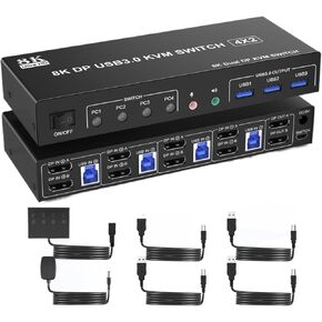 8K USB 3.0 Displayport KVM Switch 2 Monitors 4 Computers,Dual Monitor KVM Switch with Audio Output Microphone USB 3.0 Ports(EU Power Adapter,Aluminum Shell)