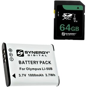 تشمل مجموعة التآزر الرقمية التآزر ، المتوافقة مع كاميرا Ricoh Giix الرقمية: بطارية SDLI50B ، بطاقة ذاكرة SY-SD64GB