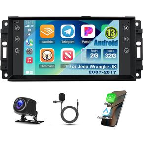 7 Inch Android 13 Car Stereo for Jeep Wrangler JK 2007-2017 HD Touchscreen Double Din Car Audio Receiver w/Wireless Carplay and Android Auto GPS Navi Bluetooth WiFi SWC Backup Camera Mic, 2+32G
