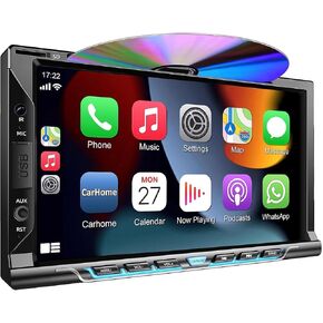 Double Din car Stereo with CD/DVD Player- CarPlay & Android Auto, Car Audio with Bluetooth, 7 Inch HD Touchscreen, Rear Camera, USB/TF/AUX, AM/FM, Subwoofer Radio Receiver