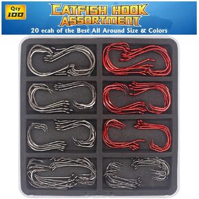 Catfish Hook Set Offset Octopus Circle & Baitholder Hooks 100-Pack Assorted Sizes 8/0 to 2/0 –Fishing Accessories