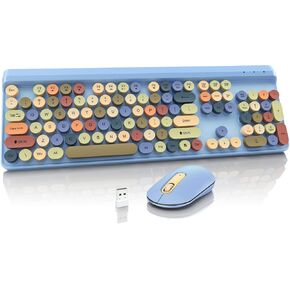 Wireless Keyboard and Mouse Combo,Lovaky Colorful Typewriter Wireless Keyboard with Round Keycaps,2.4G USB Cordless Mouse and Keyboard,Mouse with 3 Adjustable DPI,Plug & Play for Computer Laptop PC