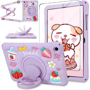Case for Samsung Galaxy Tab A9+ / A9 Plus 11 inch 2023 Release (SM-X210/X216/X218) with Shoulder Strap/Rotating Stand Strawberry Soft Silicone Tablet Case for Kids Girls