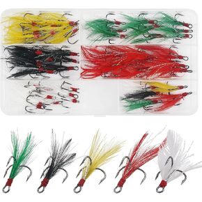 Fishing Treble Hooks Kit,50pcs Round Bend High Carbon Steel Treble Fish Hook with Feather Dressed Fishing Bait Making Lures for Trout Catfish Hard Spinner Saltwater Freshwater Tackle