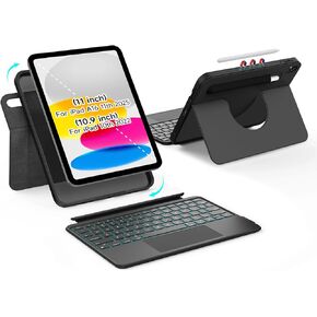 for iPad A16 11 Gen 2025 & iPad 10th Gen 2022 10.9" 360° Rotatable & Detachable Magnetic Keyboard Case with Trakpad, Portrait & Landscape, Full Protect, 170° Angle, Black
