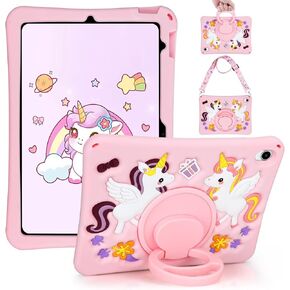 JAKPAK for iPad A16 11th 10th Generation Case for Kids Girls, Soft Silicone Cute Kawaii 3D Cartoon Animal Tablet Cover with Kickstand Shoulder Strap for iPad 10.9inch 2022 11inch 2025 Colourful