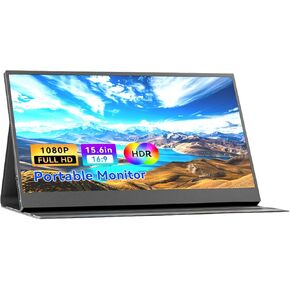 Portable Monitor 15.6 inch FHD 1080P 60Hz IPS Display, Dual USB-C & Mini HDMI Ports, Ultra-Slim Gaming Monitor with Smart Cover, Plug & Play for Laptop PC Mac Phone PS5 Xbox Switch